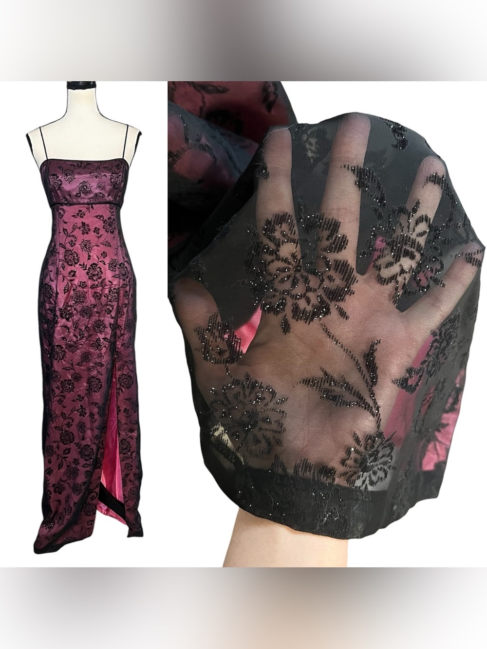 Vintage 90s Y2K Morgan & Co Black Pink Sheer Mesh Floral Formal Prom Maxi Dress